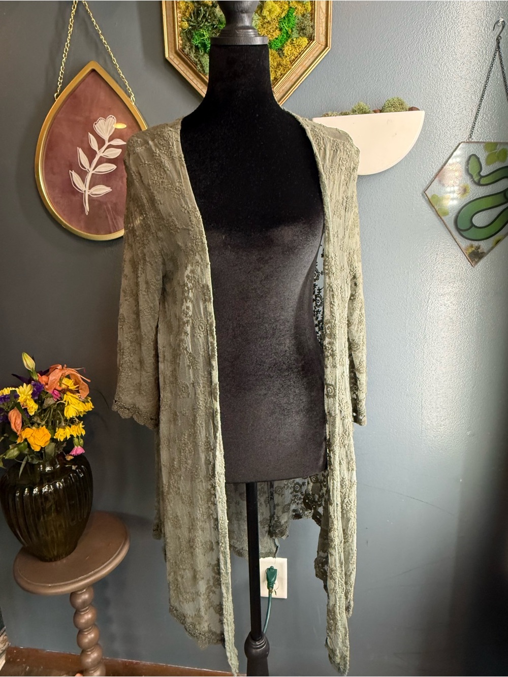 Boho Forest Fairy Blue Rain Olive Green Lace Open Front Cardigan - Picture 6 of 6